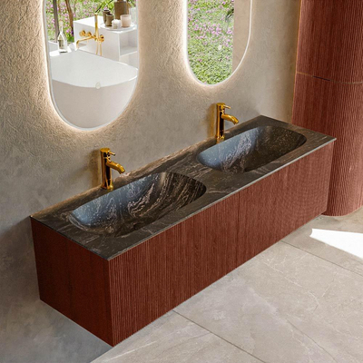 Ensemble de meuble de salle de bain Mondiaz KURVE-DLUX - 150x46x40cm - 2 tiroirs - lavabo en solid surface - double - 2 trous de robinet - Ruby