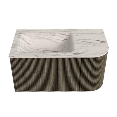MONDIAZ KURVE-DLUX Meuble de salle de bains 85 cm arrondi à droite couleur Shadow avec 1 tiroir et 1 porte. Lavabo CLOUD à gauche 1 trou de robinet Nata.