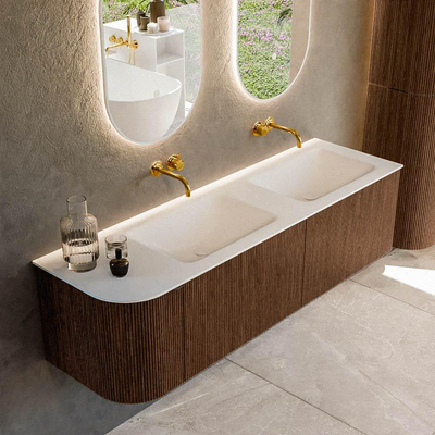 MONDIAZ KURVE 155cm Meuble salle de bain avec module 25 G - couleur Walnut - 2 tiroirs - 1 porte - vasque CLOUD double / droite - sans trous de robinet - Talc