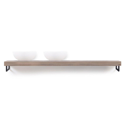 Looox Wood collection plan sous vasque - 200x46cm - Avec porte-serviettes noir mat - Chêne massif Old grey