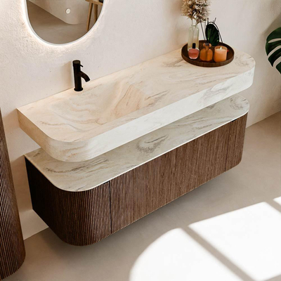 MONDIAZ THOR-DLUX 140cm badmeubel ronding links + rechts kleur Walnut met 1 lade en 2 deuren. Vrijhangende wastafel CLOUD Links 1 kraangat kleur Ostra.