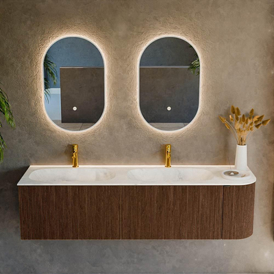 MONDIAZ KURVE-DLUX 165cm badmeubel met module 25 R kleur Walnut met 2 lades en 1 deur. Wastafel STOR SMALL dubbel / links 2 kraangaten kleur Opalo.