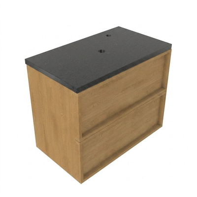 Saniclass Holz Frame Ensemble meuble de salle de bains - 80x45x63cm - Plan vasque en basalte Noche poli (noir) - 1 trou de robinetterie - 2 tiroirs - chêne natural mat (bois)