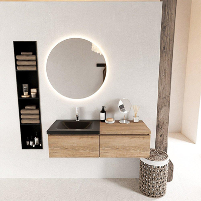 MONDIAZ BUKLA 120cm badmeubel met module 60 kleur Washed Oak met 2 lades. Wastafel CLOUD links 1 kraangat kleur Urban.