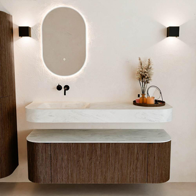 MONDIAZ THOR-DLUX 140cm meuble de salle de bains arrondi gauche + droite couleur Walnut avec 1 tiroir et 2 portes. Vasque suspendue CLOUD gauche sans trou de robinet couleur Opalo.