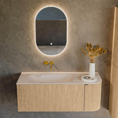 MONDIAZ KURVE-DLUX Meuble de salle de bains 115 cm arrondi à droite couleur Oak avec 1 tiroir et 1 porte. Lavabo BIG SMALL à gauche sans trou de robinet Meli.