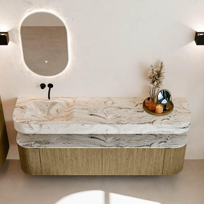 MONDIAZ THOR-DLUX 180cm meuble de salle de bains arrondi gauche + droite couleur Dusk avec 2 tiroirs et 2 portes. Vasque suspendue CLOUD Gauche sans trou de robinet couleur Glace.