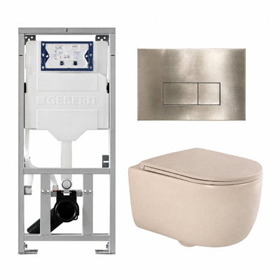 QeramiQ Dely Swirl Toiletset - 36.3x51.7cm - Geberit UP320 inbouwreservoir - met Burda frame - slim zitting - geborsteld messing bedieningsplaat - rechthoekige knoppen - mat beige
