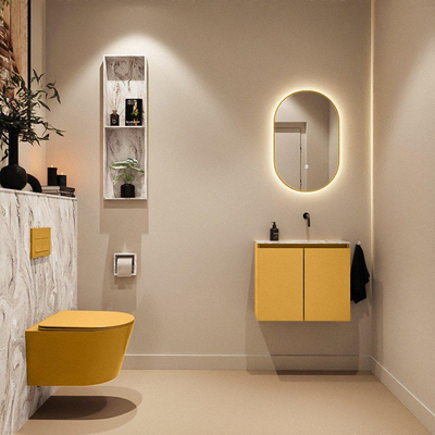 MONDIAZ TURE-DLUX Meuble toilette - 60cm - Ocher - EDEN - vasque Glace - position droite - sans trou de robinet