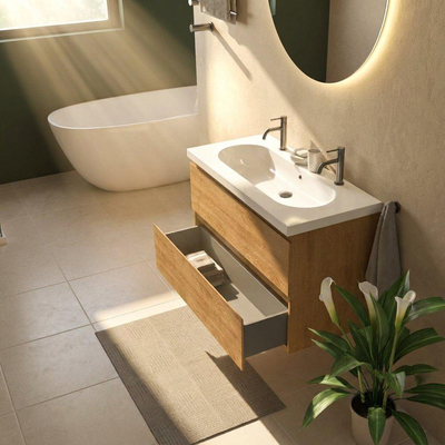 Saniclass Holz Pure Ensemble de meubles de salle de bains - 100x45x63.5cm - Lavabo en céramique Palermo blanc - 1 vasque - 2 trous de robinetterie - 2 tiroirs - chêne natural mat (bois)