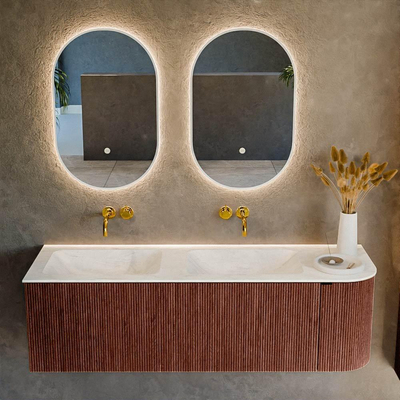 Mondiaz KURVE-DLUX Badkamermeubelset - 145x46x40cm - 1 lade - 1 deur - wastafel solid surface - dubbel / links - zonder kraangat - Ruby