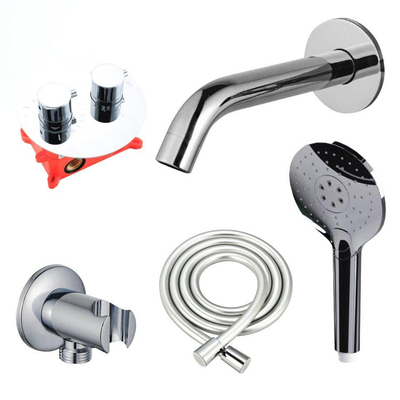 FugaFlow Eccelente Acces Badkraan set - uitloop - 22cm inkortbaar - rond bedieningspaneel - gladde slang - ronde handdouche - inbouwdeel - wandhouder - chroom