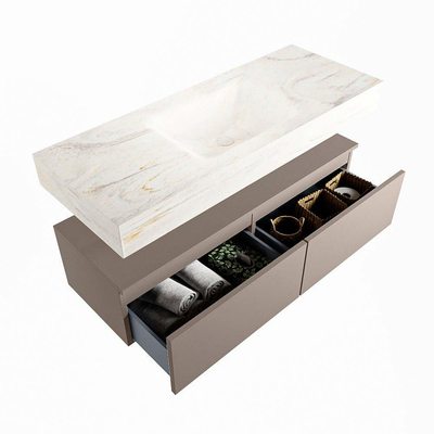 Mondiaz ALAN-DLUX Ensemble de meuble - 120cm - meuble Smoke mat - 2 tiroirs - Lavabo Cloud Ostra suspendu - vasque Centre - 0 trous de robinet