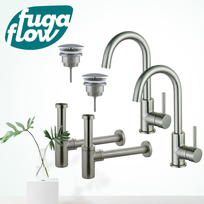 FugaFlow Eccelente Sobrado Badkamer Wastafelkraanset - voor dubbele wastafel - hoge wastafelkraan - draaibare uitloop - always open plug - design sifon - PVD Geborsteld RVS