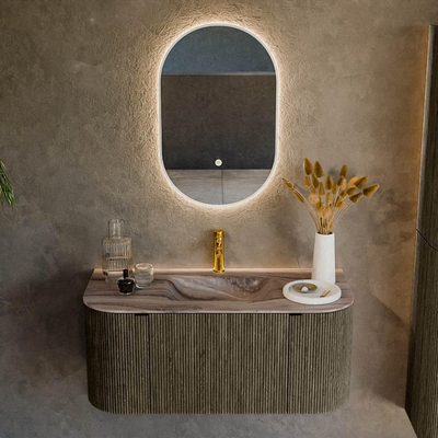 MONDIAZ KURVE-DLUX Meuble de salle de bains 100cm arrondi Gauche + Droite couleur Shadow avec 1 tiroir et 2 portes. Plan-vasque GRUNNE Central 1 trou de robinetterie Sombra.