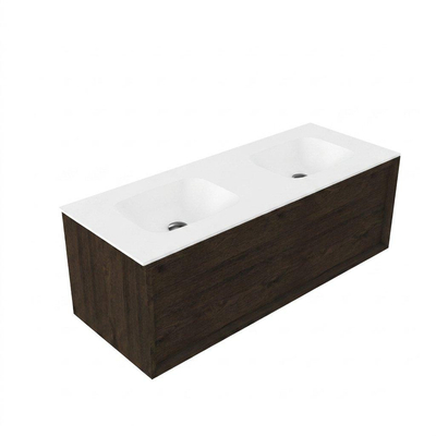 Saniclass Holz Frame Ensemble de meubles de salle de bains - 120x45x41.5cm - Flow lavabo en solid surface blanc - 2 vasques - sans trous de robinetterie - 1 tiroir - chêne charcoal mat (bois)