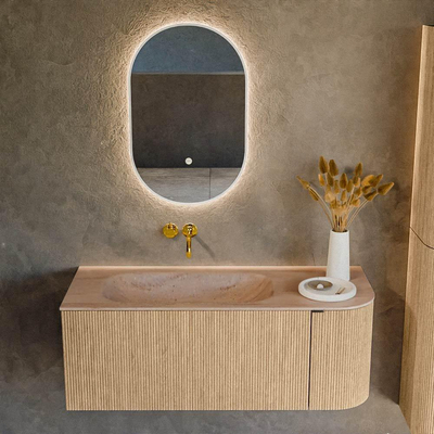 MONDIAZ KURVE-DLUX Meuble de salle de bains 115cm arrondi à droite couleur chêne avec 1 tiroir et 1 porte. Plan-vasque BIG SMALL gauche sans trou de robinet Saba.