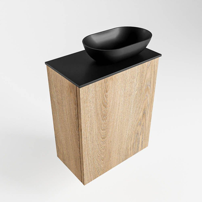 Mondiaz Fowy meuble de toilette - 40x50x23cm - chêne blanchi mat - 1 trou de robinet - lavabo à droite - 1 porte - solid surface - plan Mélamine - lavabo : noir