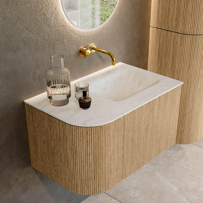 MONDIAZ KURVE-DLUX 75cm Meuble salle de bain avec module 25 G - couleur Oak - 1 tiroir - 1 porte - vasque GRUNNE droite - sans trou de robinet - couleur Opalo