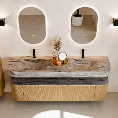 MONDIAZ THOR-DLUX 180cm badmeubel ronding links + rechts kleur Oak met 2 lades en 2 deuren. Vrijhangende wastafel CLOUD Dubbel 2 kraangaten kleur Sombra.