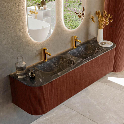 Mondiaz KURVE-DLUX Badkamermeubelset - 170x46x40cm - 1 lade - 2 deuren - wastafel solid surface - dubbel - 2 kraangaten - Ruby