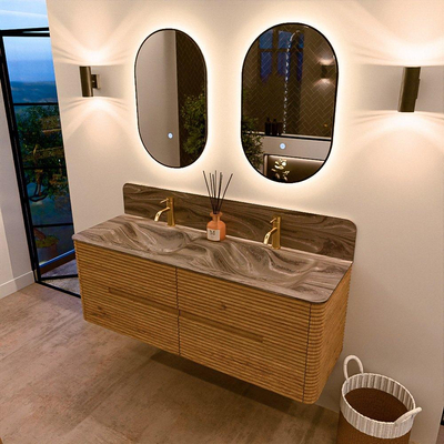 Mondiaz CIRO-DLUX Badkamermeubelset - 140x45x50cm - Solid surface wastafel Sombra - 2 wasbak Dubbel - 2 kraangaten - 4 lades - Oak