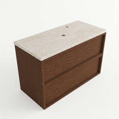 Saniclass Holz Frame Ensemble de meubles de salle de bains - 100x45x63cm - Plan de travail en pierre naturelle travertin - 1 trou de robinetterie - 2 tiroirs - walnut pure mat (bois)