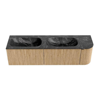 MONDIAZ KURVE-DLUX meuble de salle de bains 165cm avec module 25 R couleur Oak avec 2 tiroirs et 1 porte. Lavabo STOR SMALL double / gauche 2 trous de robinet couleur Lava.
