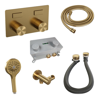 BRAUER Stripe Thermostatische Badkraan - drukknoppen - SET 03 - inbouw - badvulcombinatie - staaf handdouche - doucheslang - wandaansluitbocht - goud geborsteld PVD