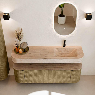 MONDIAZ THOR-DLUX 150cm meuble de salle de bains arrondi gauche + droite couleur Dusk avec 1 tiroir et 2 portes. Vasque suspendue CLOUD Droite 1 trou de robinet couleur Saba.