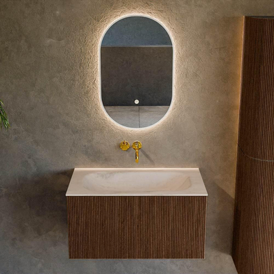 MONDIAZ KURVE-DLUX 80cm badmeubel kleur Walnut met 1 lade en 0 deuren. Wastafel BIG SMALL Midden zonder kraangat Meli.