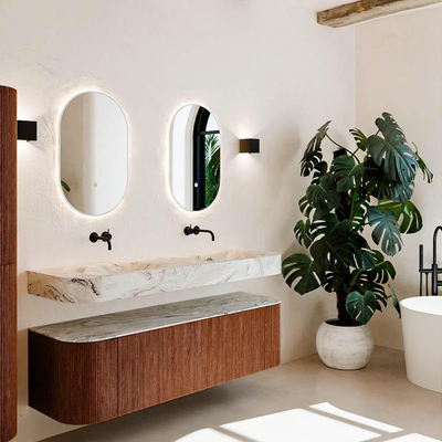 MONDIAZ THOR-DLUX 160cm meuble de salle de bains arrondi gauche + droite couleur Ruby avec 1 tiroir et 2 portes. Vasque suspendue CLOUD Double sans trou de robinet couleur Glace.