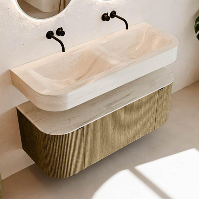 MONDIAZ THOR-DLUX 120cm meuble de salle de bains arrondi gauche + droite couleur Dusk avec 1 tiroir et 2 portes. Vasque suspendue CLOUD Double sans trou de robinet couleur Meli.