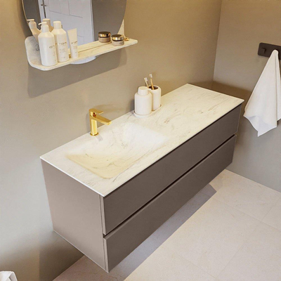 Mondiaz VICA-DLUX ensemble de meuble de salle de bain - 130cm - meuble sous-vasque fumée - 2 tiroirs - lavabo encastré nuage gauche - 1 trou de robinet - miroir modèle spot - version XL 60cm de haut - opalo