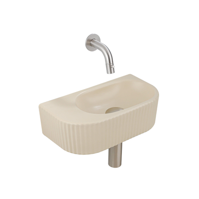 QeramiQ Fuente Ensemble de Lavabo - 40x21.5x12cm - strié - demi-rond - sans trou pour robinet - céramique - ensemble de robinet en acier inoxydable brossé - bouchon de vidange - siphon réduit - beige