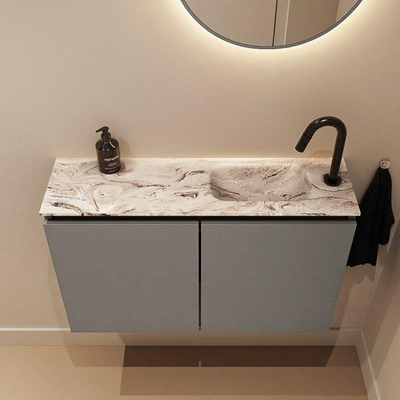 MONDIAZ TURE-DLUX Meuble toilette - 80cm - Smoke - EDEN - vasque Glace - position droite - 1 trou de robinet