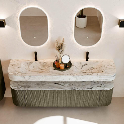 MONDIAZ THOR-DLUX 180cm meuble de salle de bains arrondi gauche + droite couleur Shadow avec 2 tiroirs et 2 portes. Vasque suspendue CLOUD Double 2 trous de robinet couleur Glace.