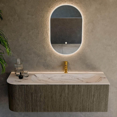 MONDIAZ KURVE-DLUX Meuble de salle de bains 135cm arrondi gauche couleur Shadow avec 1 tiroir et 1 porte. Lavabo BIG MEDIUM droit 1 trou de robinet Nata.