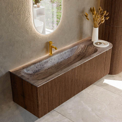 MONDIAZ KURVE-DLUX Meuble de salle de bains 145cm arrondi à droite couleur Walnut avec 1 tiroir et 1 porte. Lavabo BIG LARGE à gauche 1 trou de robinet Oza.