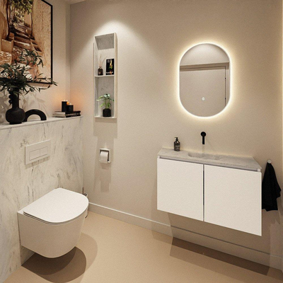 MONDIAZ TURE-DLUX Meuble toilette - 80cm - Talc - EDEN - vasque Opalo - position centrale - sans trou de robinet