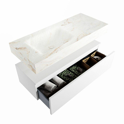 Mondiaz ALAN-DLUX Ensemble de meuble - 110cm - meuble Talc mat - 1 tiroir - Lavabo Cloud Frappe suspendu - vasque Gauche - 1 trou de robinet