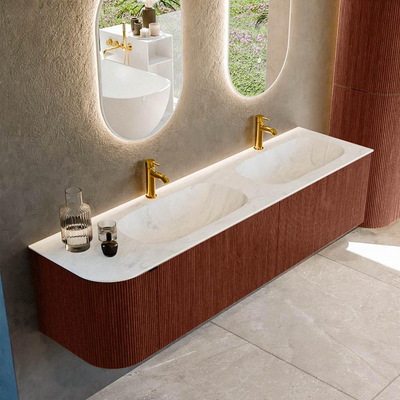Mondiaz KURVE-DLUX Badkamermeubelset - 175x46x40cm - 2 lade - 1 deur - wastafel solid surface - dubbel / rechts - 2 kraangaten - Ruby
