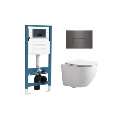QeramiQ Dely Swirl Compact Toiletset - inbouwreservoir QeramiQ flush - 25mm zitting - metalen bedieningsplaat gunmetal - rechthoekige knoppen - mat wit