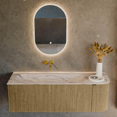 MONDIAZ KURVE-DLUX 135cm meuble de salle de bains arrondi Droite couleur Dusk avec 1 tiroir et 1 porte. Vasque BIG MEDIUM Gauche sans trou de robinet Nata.