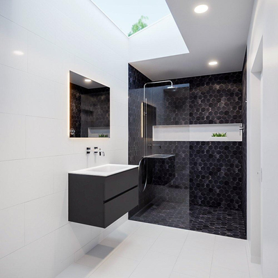 MONDIAZ VICA Ensemble de meuble salle de bain - 80cm - 2 tiroirs - lavabo Cloud au centre - 0 trous de robinet - solid surface gris foncé