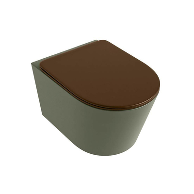 Mondiaz LAVIE hangtoilet – spoelrandloos – 36 x 53 cm – met softclose zitting – Army (groen), zitting Rust (bruin)