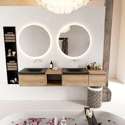 MONDIAZ BUKLA 200cm meuble de salle de bain avec module ouvert 40 à gauche couleur Chêne blanchi avec 3 tiroirs. Lavabo CLOUD double 0 trous de robinet couleur Urbaine.