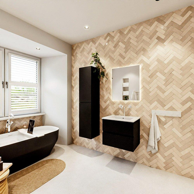 MONDIAZ VICA meuble sous lavabo 60cm Urban 2 tiroirs. Lavabo DENIA centre 1 trou de robinet, couleur Blanc Brillant.