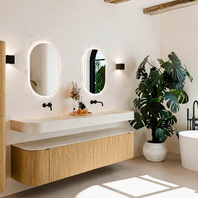 MONDIAZ THOR-DLUX 190cm badmeubel ronding links + rechts kleur Oak met 2 lades en 2 deuren. Vrijhangende wastafel CLOUD Dubbel zonder kraangat kleur Meli.