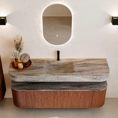 MONDIAZ THOR-DLUX 160cm meuble de salle de bains arrondi gauche + droite couleur Ruby avec 1 tiroir et 2 portes. Vasque suspendue CLOUD Milieu 1 trou de robinet couleur Oza.